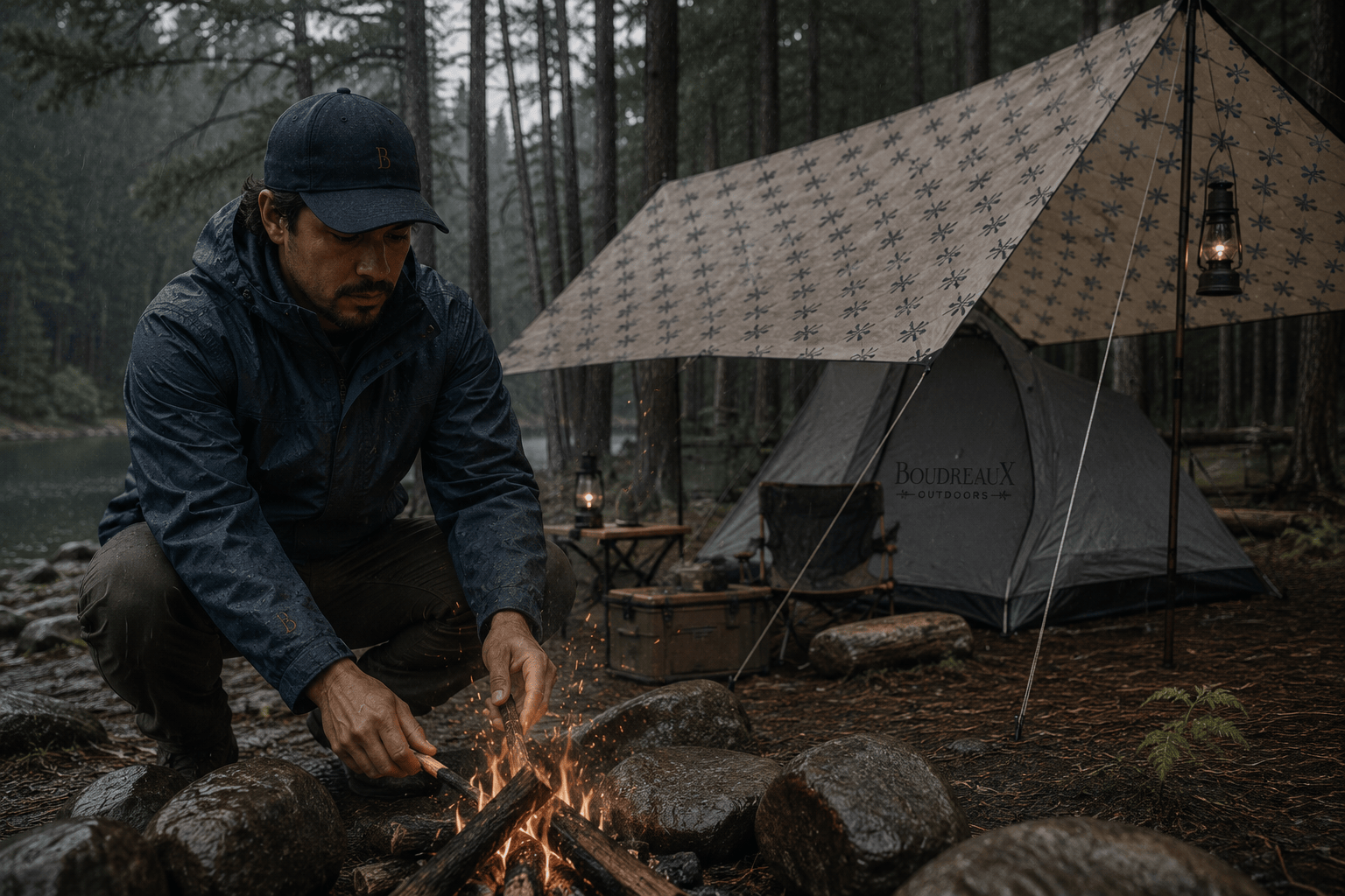 Building the first fire under a pattern tarp